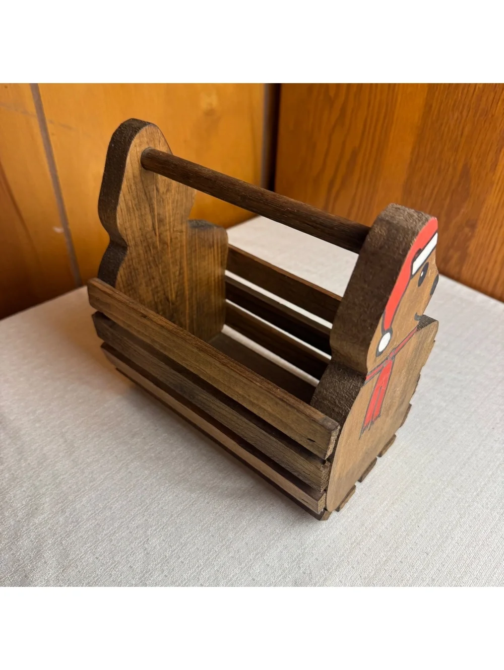 Vintage Wooden Teddy Bear Basket Christmas Storage Caddy Rustic Holiday Decor